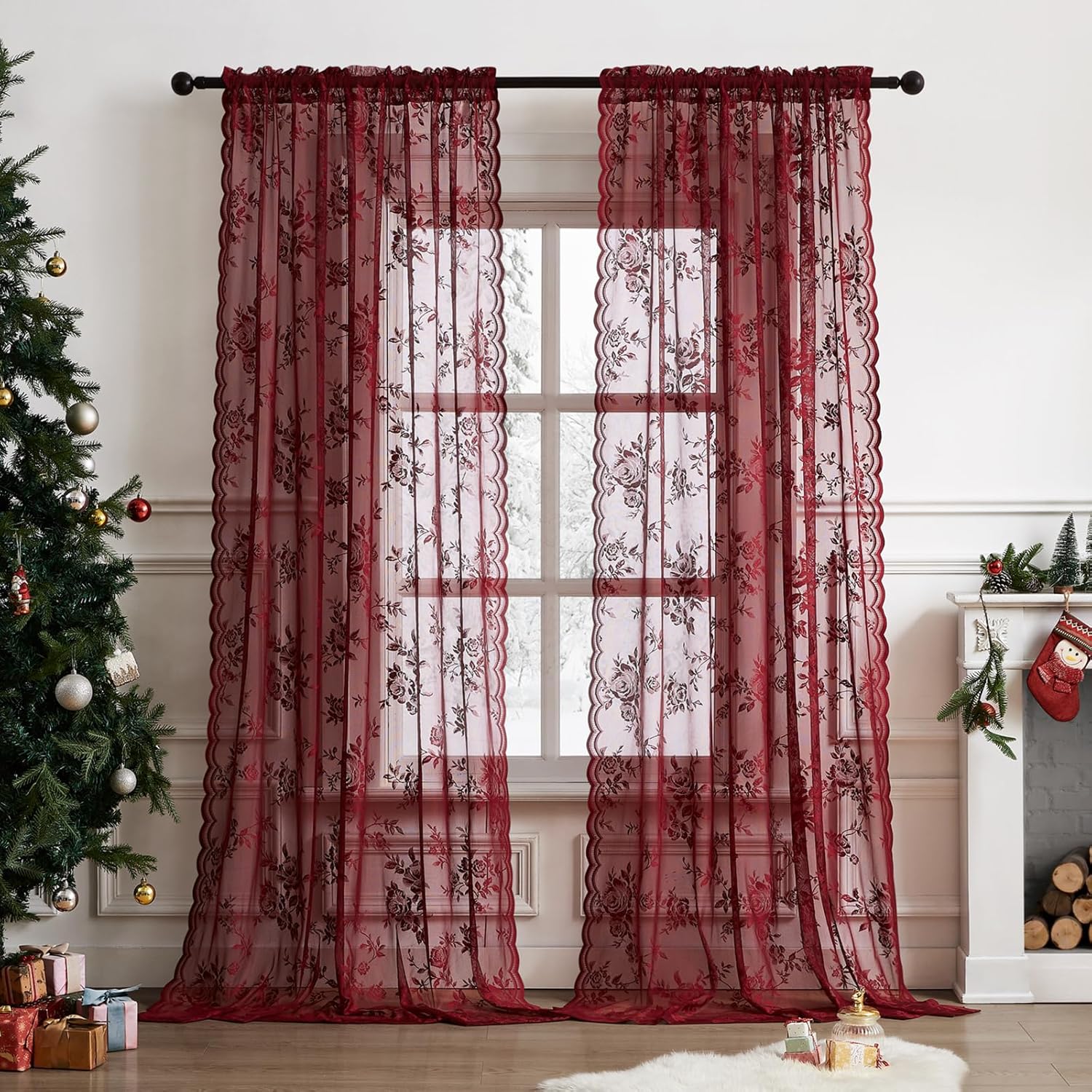 Curtain Rods - 1 stuk bordeauxrode kantgordijnen, 45 inch